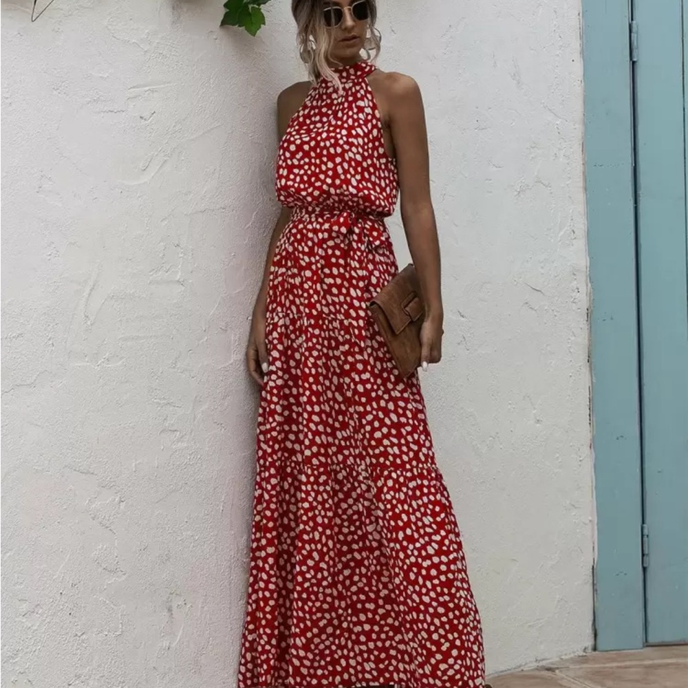 Elegant Red Halter Maxi Dress NWT